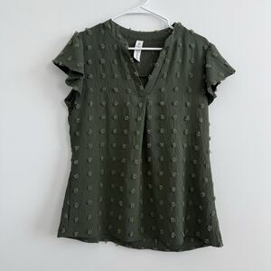 Women’s Green Textured V Neck Flutter Sleeve Swiss Dot Tunic Blouse Boho Large